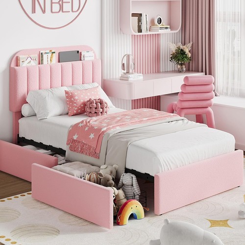 Pink upholstered bed - bed, w